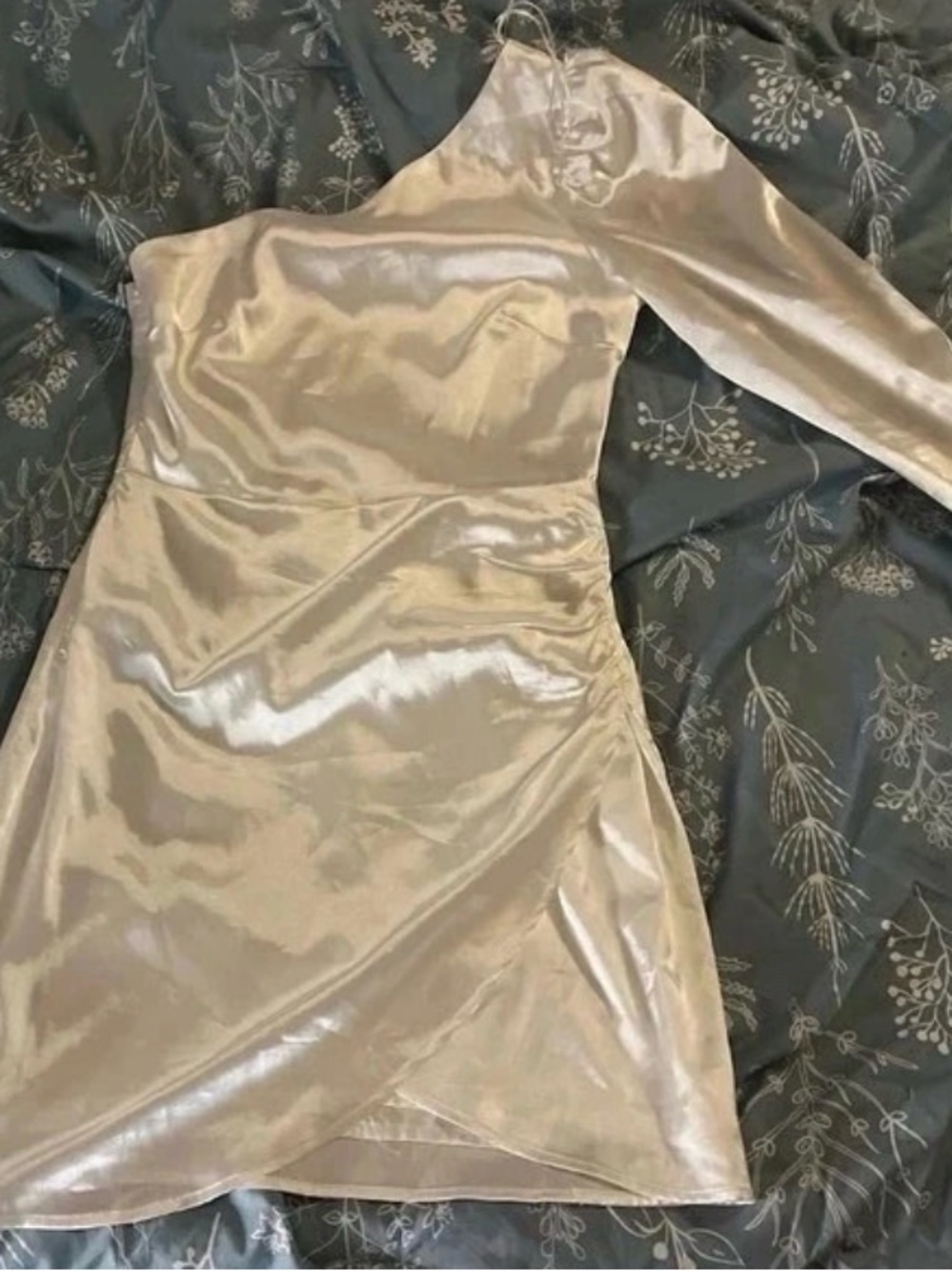 Altar'd State One-Shoulder Satin Mini Dress in Champagne